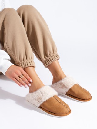 Futrzane damskie kapcie camel - 36-37