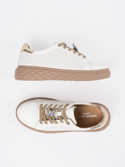 Biało-beżowe sneakersy z przypinką skórzane Sergio Leone - 40 Biało-beżowe sneakersy z przypinką skórzane Sergio Leone - 40