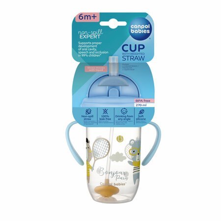 CANPOL 56/607 Kubek niekapek z rurką i odważnikiem 270 ml Bonjour Paris blue CANPOL 56/607 Kubek niekapek z rurką i odważnikiem 270 ml Bonjour Paris blue