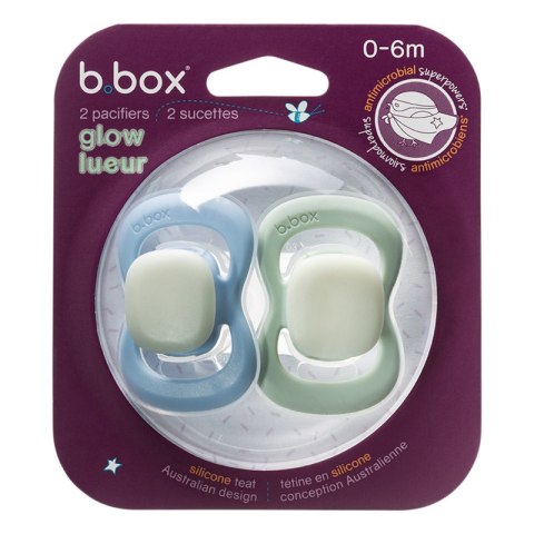 B.BOX BB300708 Smoczek silikonowy symetryczny 0-6m 2 szt glow in the dark błękit/szałwia B.BOX BB300708 Smoczek silikonowy symetryczny 0-6m 2 szt glow in the dark błękit/szałwia