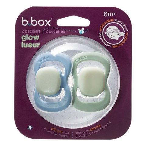 B.BOX BB300808 Smoczek silikonowy symetryczny 6m+ 2 szt glow in the dark błękit/szałwia B.BOX BB300808 Smoczek silikonowy symetryczny 6m+ 2 szt glow in the dark błękit/szałwia
