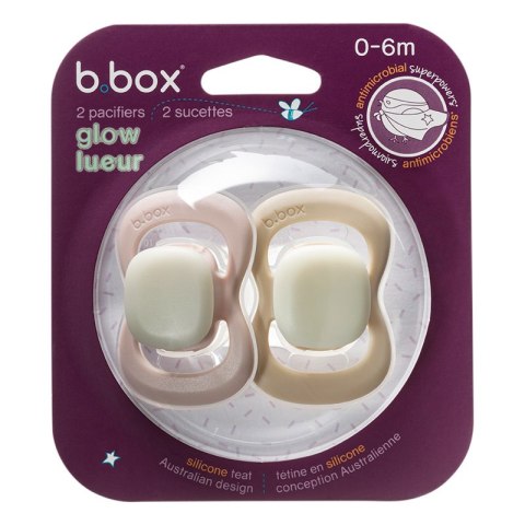 B.BOX BB300811 Smoczek silikonowy symetryczny 6m+ 2 szt glow in the dark róż/latte B.BOX BB300811 Smoczek silikonowy symetryczny 6m+ 2 szt glow in the dark róż/latte