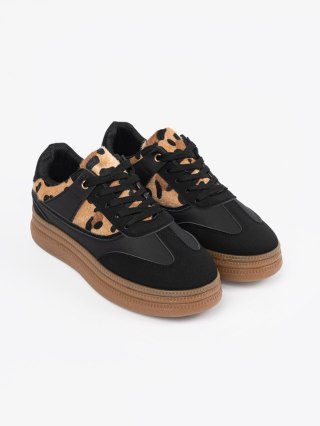 Damskie czarne sneakersy z wstawkami w panterkę - 40