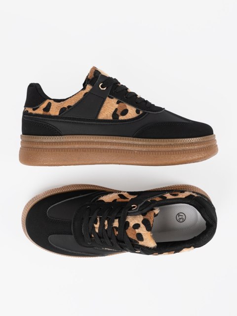 Damskie czarne sneakersy z wstawkami w panterkę - 40 Damskie czarne sneakersy z wstawkami w panterkę - 40
