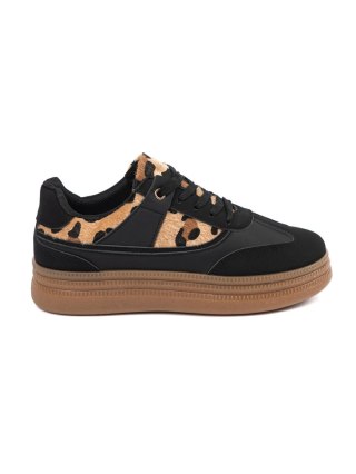 Damskie czarne sneakersy z wstawkami w panterkę - 41