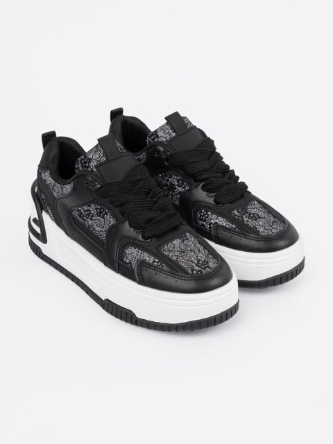 Sneakersy damskie z koronką czarno-białe - 40