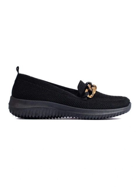 Damskie wygodne materiałowe slip on z łańcuszkiem czarne - 36 Damskie wygodne materiałowe slip on z łańcuszkiem czarne - 36