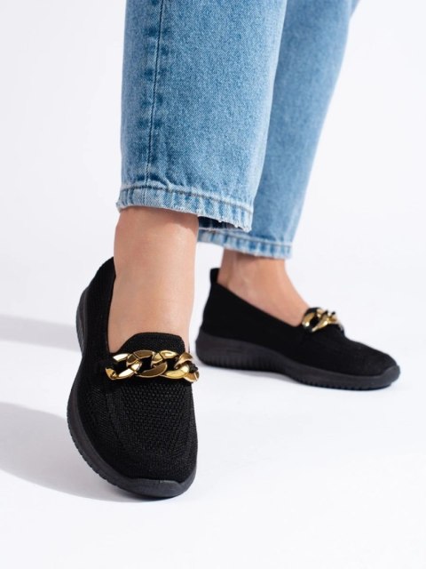 Damskie wygodne materiałowe slip on z łańcuszkiem czarne - 36 Damskie wygodne materiałowe slip on z łańcuszkiem czarne - 36