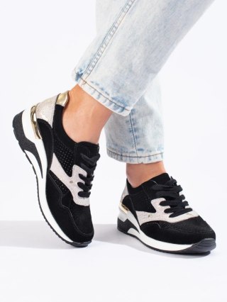 Skórzane sneakersy na koturnie czarne - 39