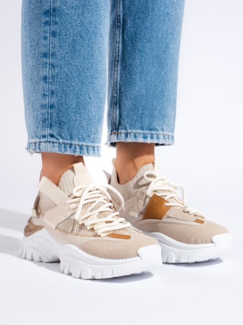 Sznurowane sneakersy damskie beżowe - 39