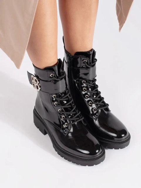 Czarne lakierowane botki workery damskie - 36