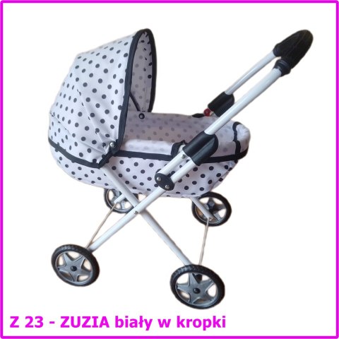 Wózek dla lalek ZUZIA głęboki biały w czarne kropki Z23 Wózek dla lalek ZUZIA głęboki biały w czarne kropki Z23