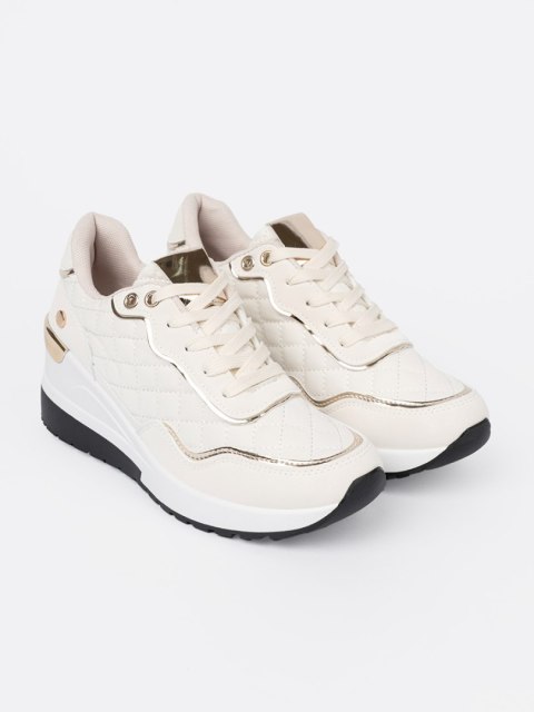Beżowe sneakersy z połyskującymi złotymi akcentami - 40 Beżowe sneakersy z połyskującymi złotymi akcentami - 40