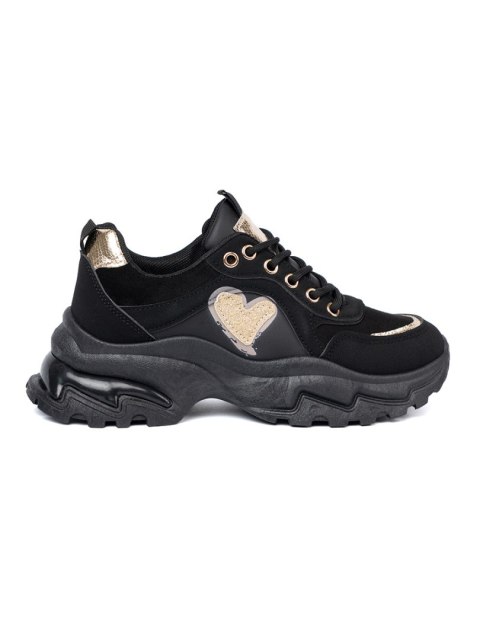 Czarne sneakersy z ozdobnym złotym sercem - 39