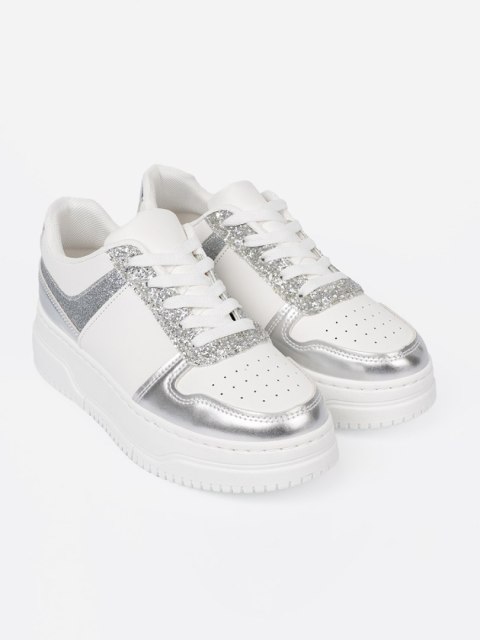 Biało srebrne sneakersy z połyskującymi detalami - 36
