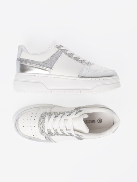 Biało srebrne sneakersy z połyskującymi detalami - 40