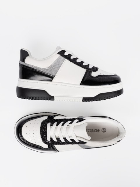 Czarno-białe sneakersy z połyskującymi srebrnymi detalami - 37