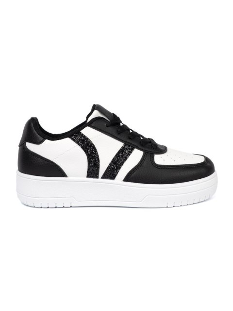 Stylowe czarno-białe sneakersy z brokatowymi wstawkami - 37