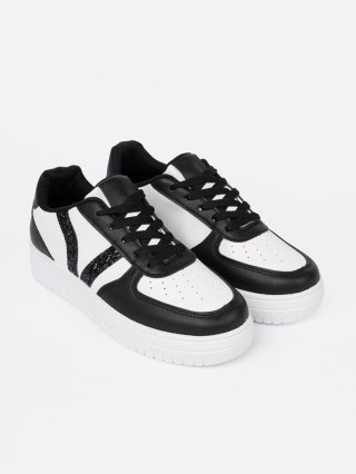 Stylowe czarno-białe sneakersy z brokatowymi wstawkami - 37