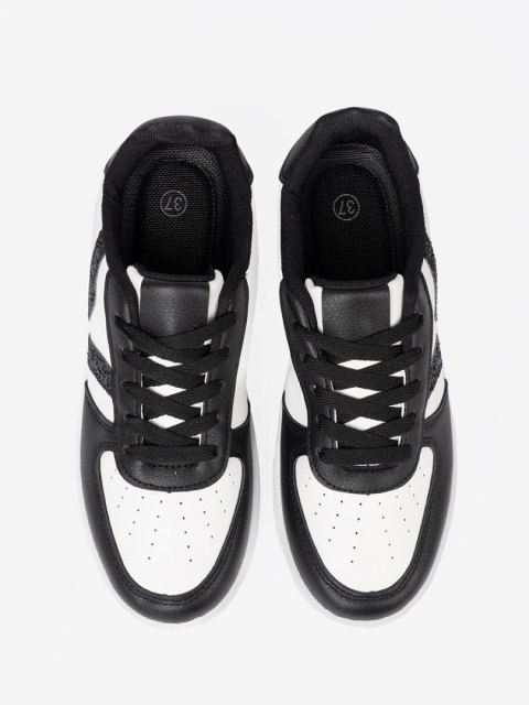 Stylowe czarno-białe sneakersy z brokatowymi wstawkami - 39